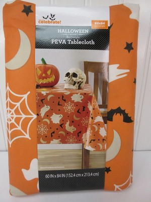Halloween Tablecloth 60''x84'' Rectangle Ghosts Bats Spiderweb Peva Vinyl Orange