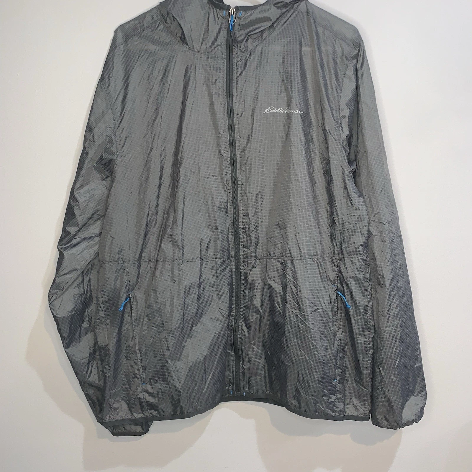 Eddie Bauer Mens L Gray Lightweight Windbreaker Full Zip Packable Jacket
