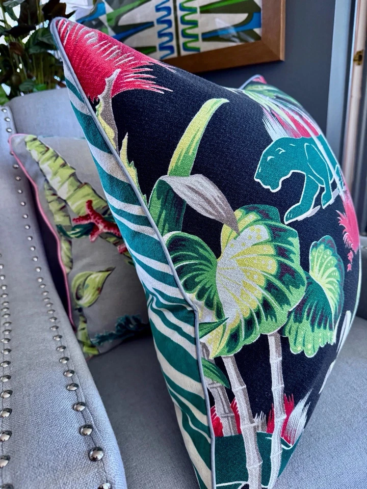 Funda de almohada vintage Glammy Panther & Palms Swank Art Deco Miami Beach corteza Foto 3 de 4