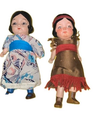 Vtg Bisque/Clay Native American Girl Doll & Asian Doll Artist Made