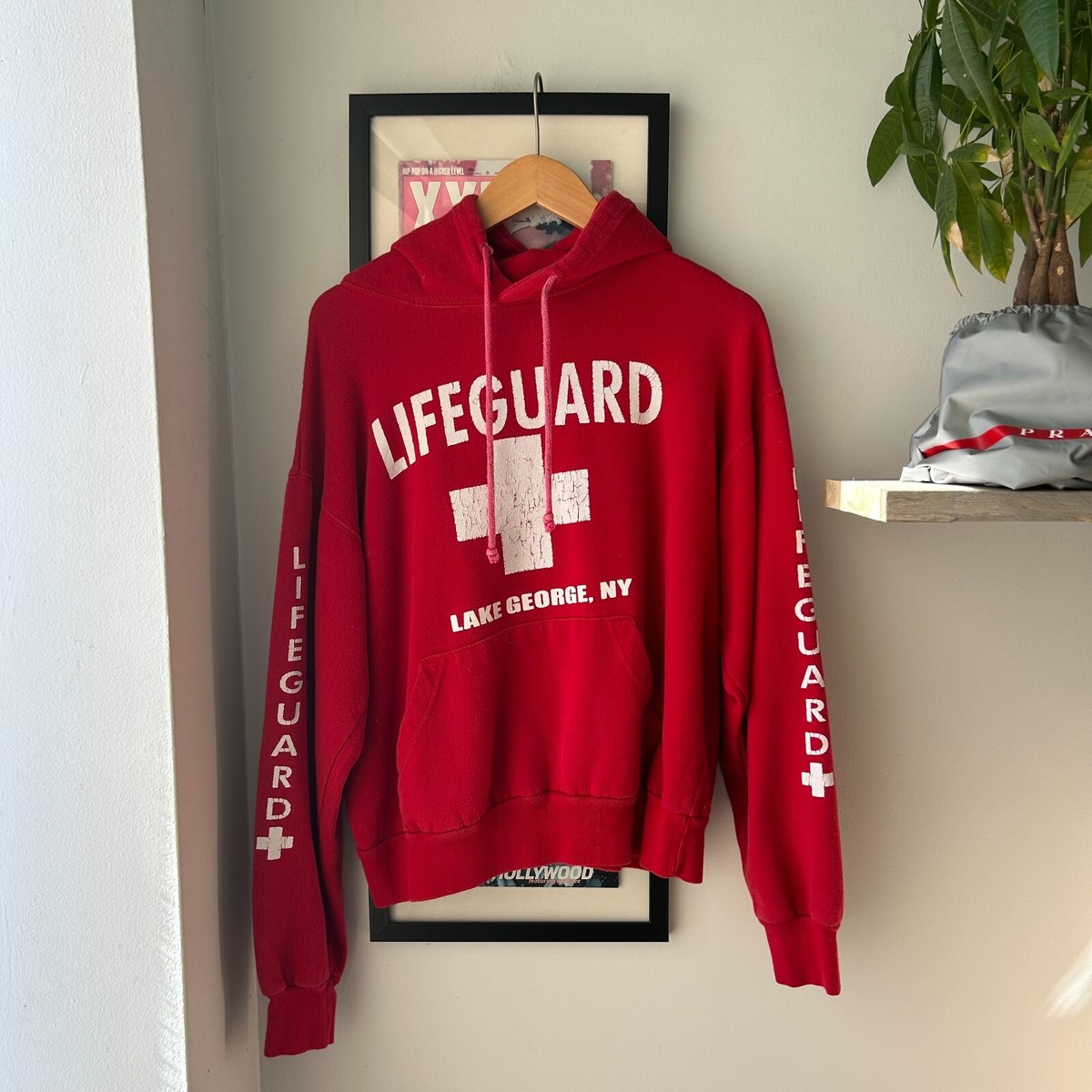 VINTAGE 90s Lake George New York Life Guard Red Hoodie Sweater sz