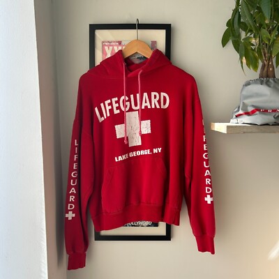VINTAGE 90s Lake George New York Life Guard Red Hoodie
