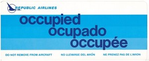 VTG & Rare Republic Airlines Plastic Occupied Seat Placard October 1980