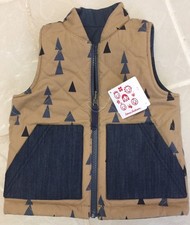 Hanna Andersson Vest Quilted Reversible Navy Denim Trees  Tan sz 100 3-5 yr 
