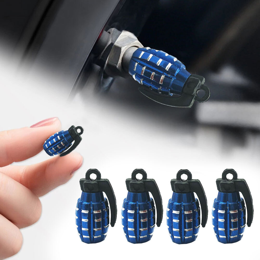 4pcs Car Tire Wheel Valve Stem Caps Blue Metal Grenade Bomb Air Dust