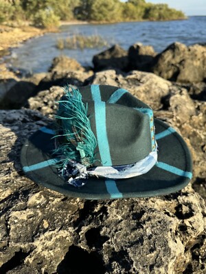 Womens Fedora Hat-Tazzle’s 1of1-Blue W/ Peacock Feather, Turquoise Cross,  Band