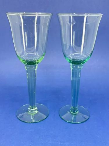 Set of 2 Pier 1 Imports Light Blue & Green Stemmed Wine Glasses 9"H / 1990s VTG