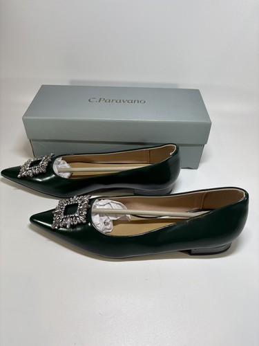 C.Paravano Womens Flats Pointed Toe Crystal Buckle EU 39 US 8.5 Dark Green - Picture 4 of 6