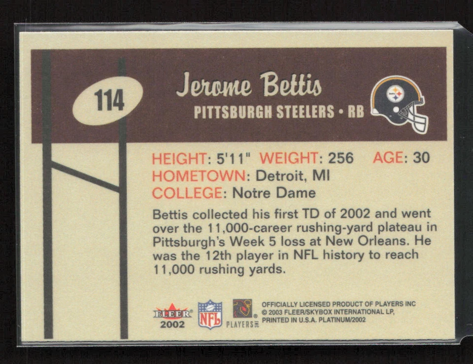 2002 Fleer Platinum #114 Jerome Bettis Pittsburgh Steelers Near Mint or Better - Image 2 of 2