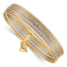 Real 14kt w/Dangle Heart Tri-color Oversized Set of 7 Textured Slip-on Bangles
