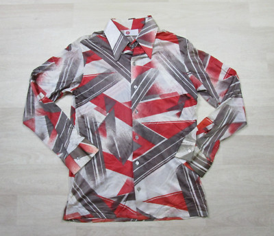 Sears Kings Road Shirt Medium Red Abstract Vintage 60s 70s Disco Hong Kong