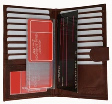 Brown Leather 19 Slots Card Holder Tall Wallet Long Checkbook Holder Snap Closed
