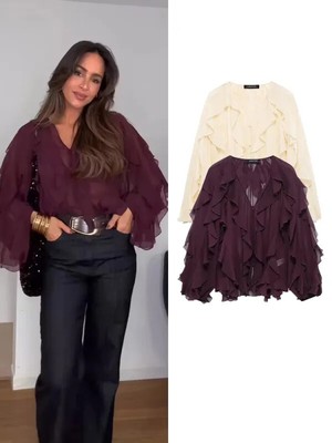 Damen Rüschen Chiffon Bluse V-Ausschnitt Shirt UK 2025 Sommer Freizeit Oberteil S-XL