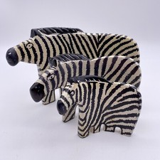 Vintage Hand Carved Soapstone Zebra Family Hand Painted Curved Shape KENYA