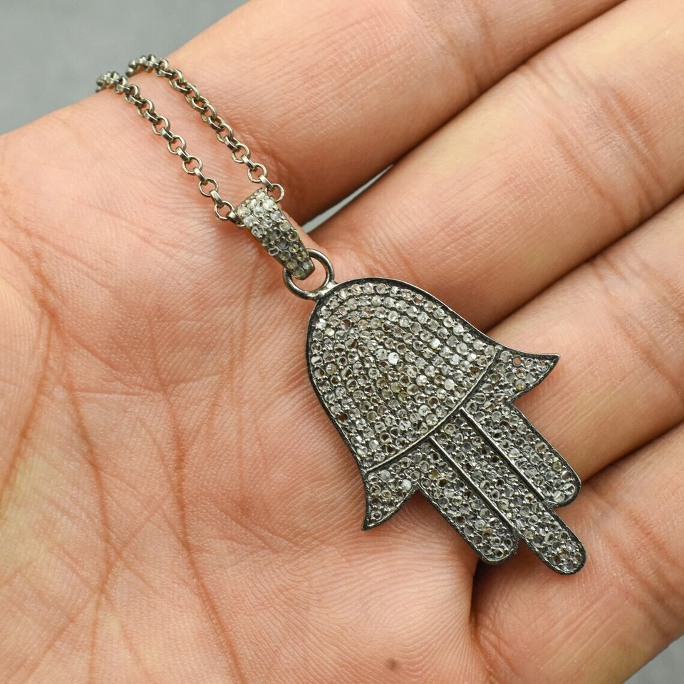 Collar colgante de diamantes pavé a mano Hamsa, colgante con dije, plata de ley 925, regalo Foto 3 de 4