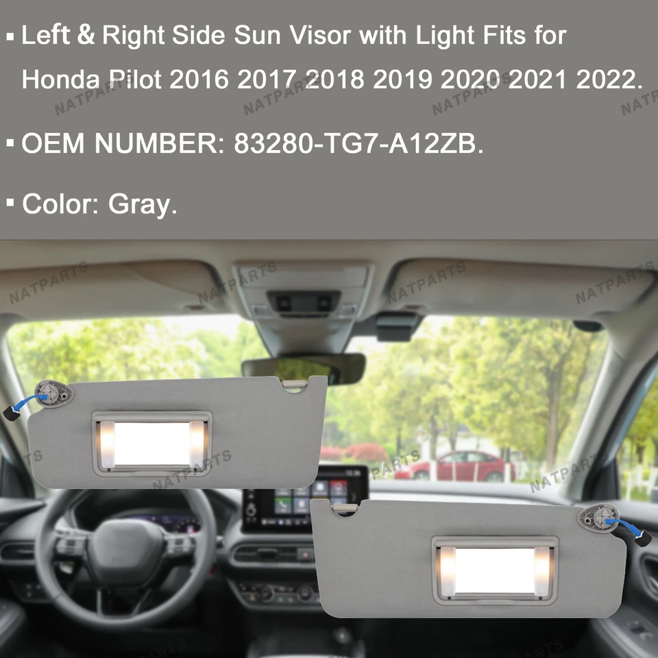Pair Gray Sun Visor w/ Light for Honda Pilot 2016-2022 LH RH  83280-TG7-A12ZB - Image 2 of 4