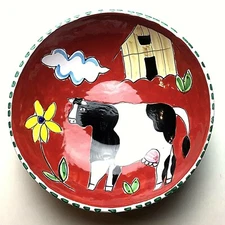 The Cellar Serving Bowl Art Pottery Macy Co Italy Hand Painted Red Cow Barn VTG