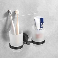 Stainless Steel Wall-Mounted Double Toothbrush Holder with Frosted Glass Cup Set