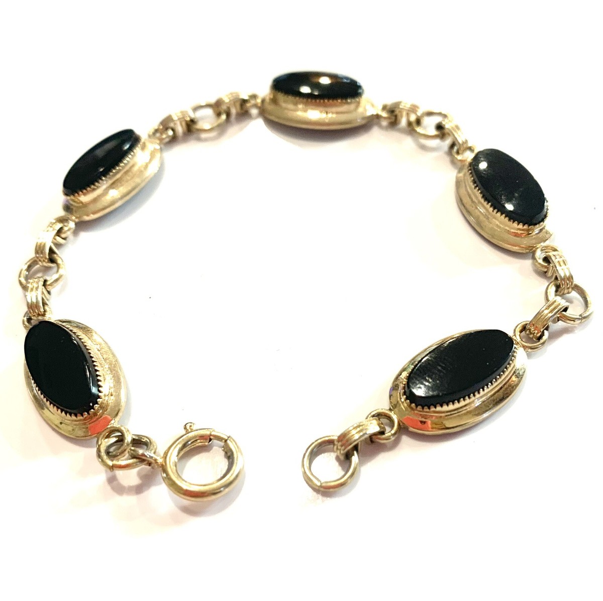 ★rosemont★ 14K bracelet RF0026 Vintage 12k Gold Filled Raised Black Onyx Stone Link-Tennis