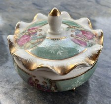 Vtg Courting Couple Trinket Dish Porcelain Footed Iridescent Gold Trim W/ Lid