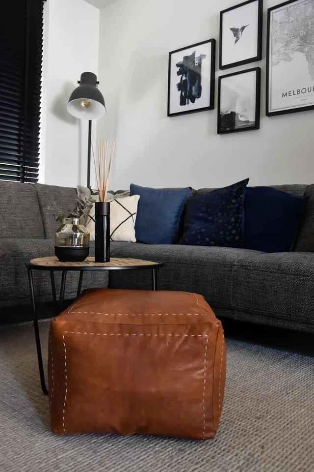 Handstich Square Ottoman Leather Pouf, Brown Leather Hassock Footstool Pouf - Image 2 of 3