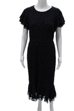 Mac Duggal Women Mermaid Blue Floral Midi Dress Short Sleeve Size 8