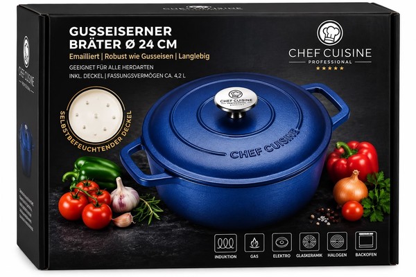 Gusseisen BräTer 24Cm Chef Cuisine Emailliert Topf Mit Deckel Induktion Blau Neu-image