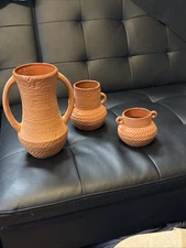 Set of 3 Handcrafted Terracotta Clay Vases – Rustic Boho Farmhouse Decor