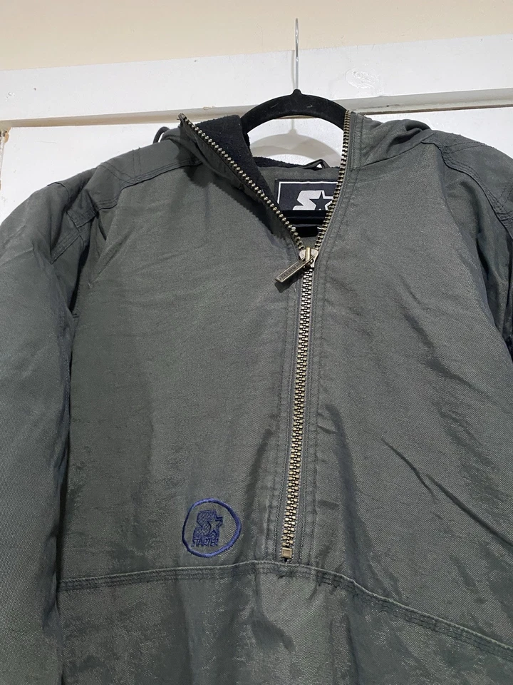 Chaqueta Anorak Con Capucha De Lona Starter Terrain Verde Para Hombre Mediana 1/2 Cremallera Frontal De Colección Foto 3 de 4