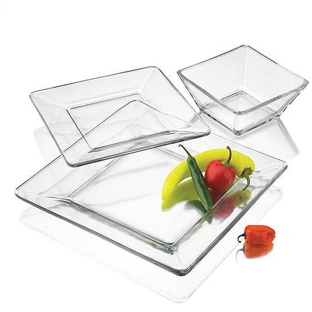 Square Clear Glass Dinner Plate Set 12 Piece Service for 4 D