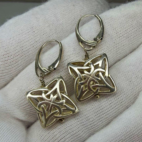 925 Sterling Silver Celtic Knot Square Dangle Drop Leverback Earrings