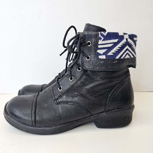 Keen's Black Leather Ankle Boot W/Blue Aztec Print Woman's Size 8.5 - Picture 4 of 12