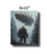vintage illustration sasquatch steampunk air ship encounter Art Poster 8x10"