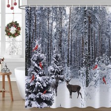 Winter Snow Christmas Shower Curtain, Forest Deer Cardinal Pine Tree Snowflak...