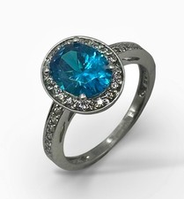 Vintage 925 Sterling Silver Swiss Blue Topaz CZ Halo Ring Size 6