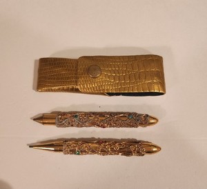 Vtg MCM Gold Filigree Jeweled Mini Purse Pen+Mechanical Pencil Set Rhinestone 3"