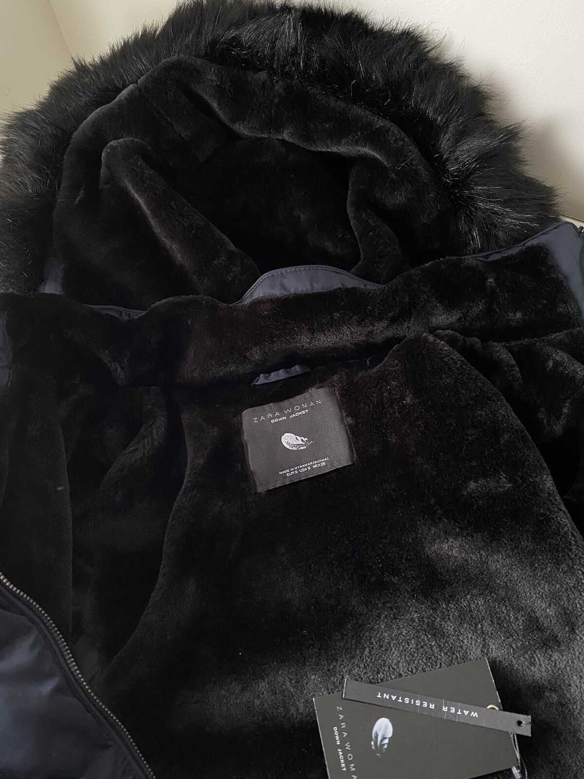 Zara Water Repellent Navy Blue Faux Fur Hooded Down Puffer Jacket Coat, Size S image 4