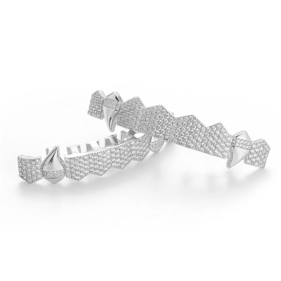 Colmillos Hip Hop Parrillas Grandes 8Top 8Bottom Set 5A+ Circonita cúbica Oro Plateado Dientes Parrilla Foto 4 de 4