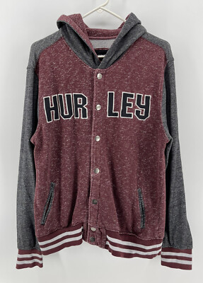 Hurley Varsity Button Up Hooded Jacket Mens Size Medium Red Gray Fast Shipping