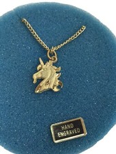 Vintage Unicorn Pendant Necklace Hand Engraved Fantasy Jewelry original box 70s