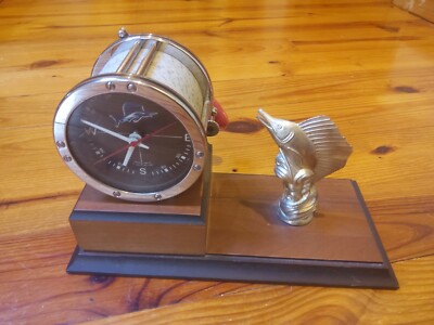 Very Rare 1972 Penn 49 reel Clock Made By MARINE TIME CO With TEAK BASE vintage 