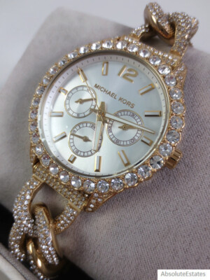 New Michael Kors Layton Extreme Glitz Gold Crystal Chain Watch