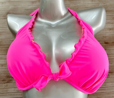 Victorias Secret Capri Ruffle Halter Swim Bikini Top 40C Shocking Pink Nwt