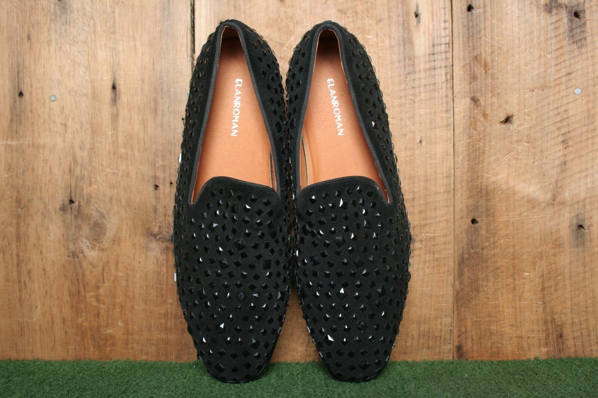 Elanroman Suede Leather Black Studded Loafers with Red Sole 