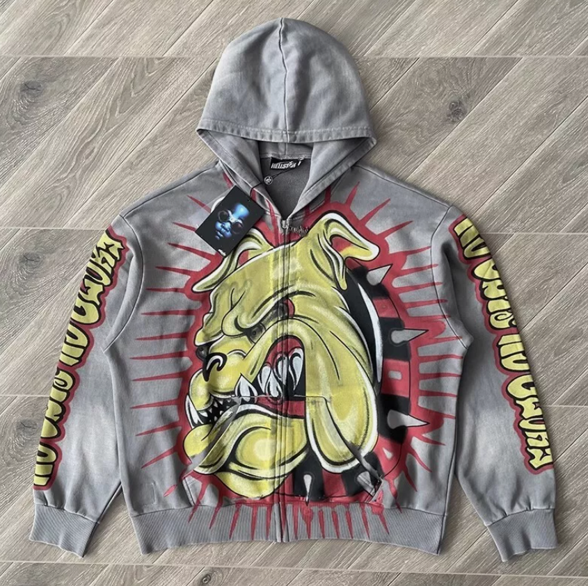 Hell Studios star Bull Dog Zip Up Hoodie Dog Head Print Zipper Men