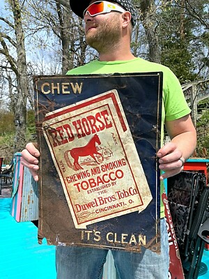 red horse chewing tobacco for sale Vintage Red Horse Snuff Chew Smoking Cigarette Tobacco Metal Sign 19inX14  Pipe