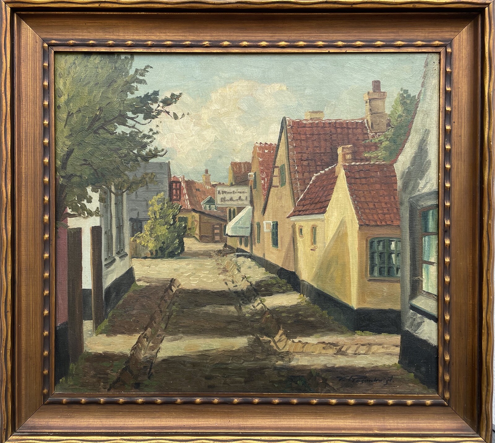 Impresionista Soleada Paisaje Ciudad Pequeña Casas Camino Cielo Dinamarca