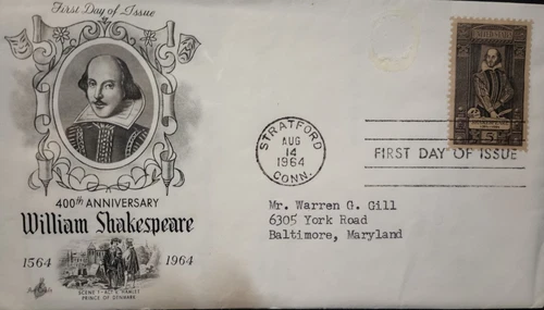 1964 William Shakespeare 400th Anniversary US Stamp First Day of Issue Cover