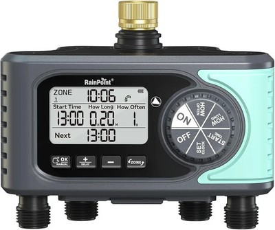 RAINPOINT Programmable Lawn Garden Sprinkler Timer, 4 Hose Outlets w/ Rain Delay