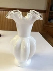 Vintage Fenton White Milk Glass Silver Crest Melon Vase 8”
